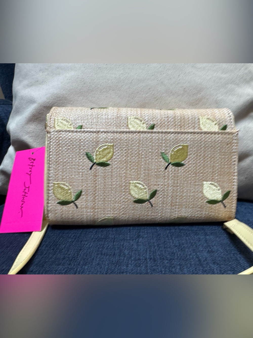 Betsey Johnson Lemon Embroidered Beige Crossbody Bag with Yellow Strap - Picture 7 of 12